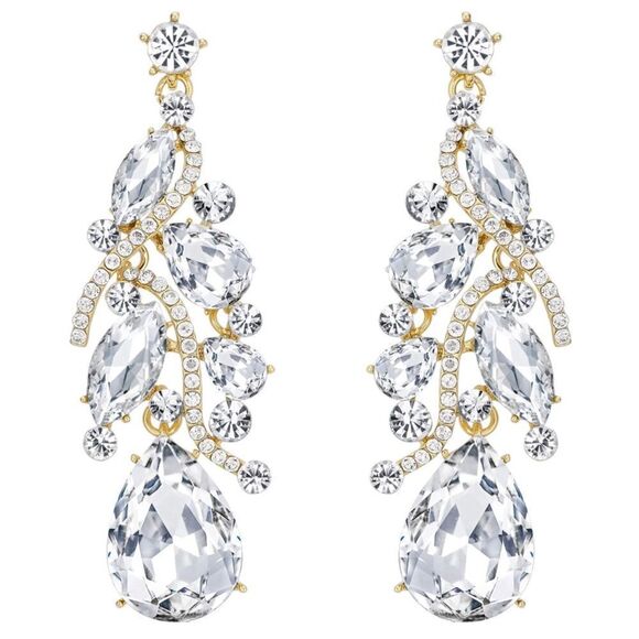 Yellow Gold with White Diamond Austrian Crystal Teardrop Chandelier Earrings
